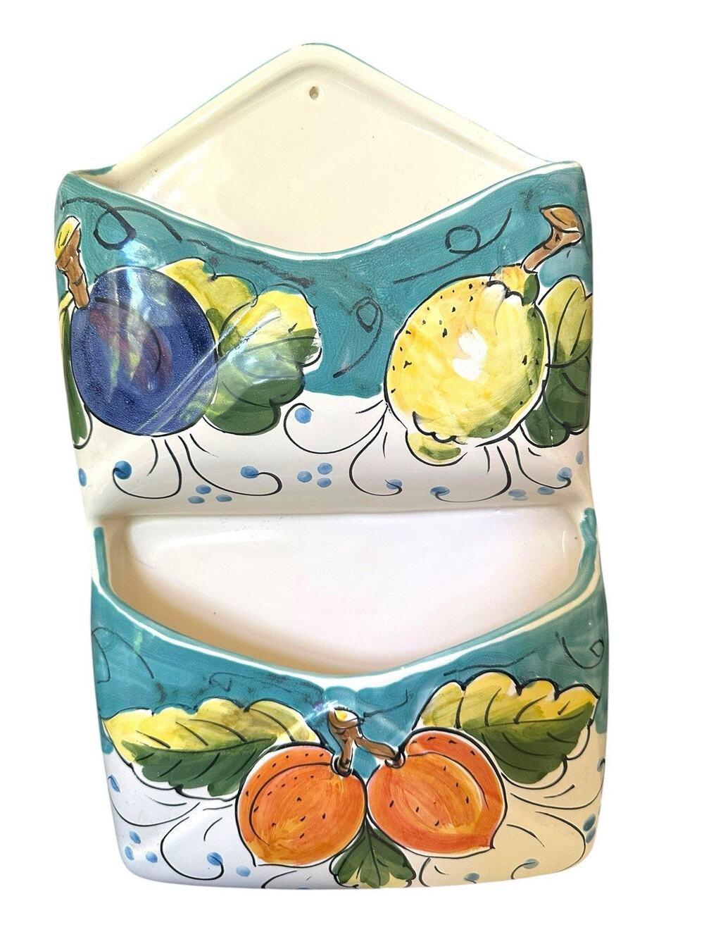 Ceramic Double Wall Pocket Mail Holder Hand Painted Italy Fruit Lemon Plum EUC